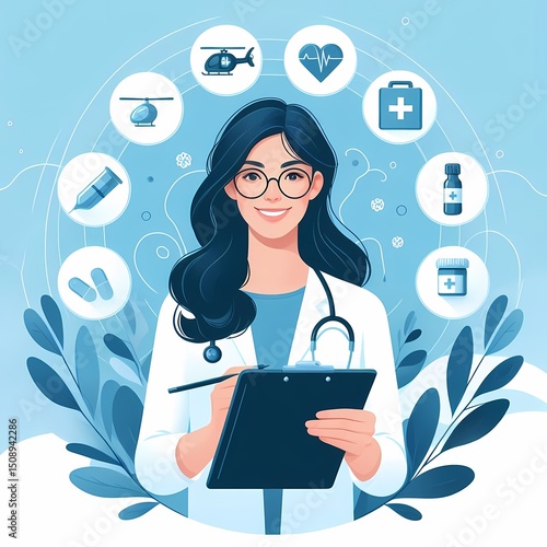 Dedicated female doctor in a healthcare concept with medical icons behind her