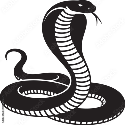 A black and white graphic image of a cobra snake with its hood flared and tongue sticking out sharply