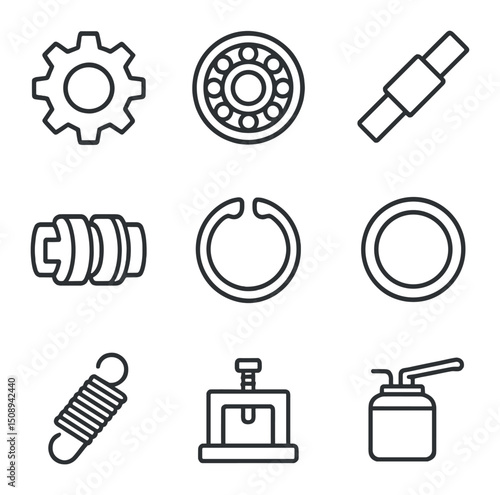 Mechanical Parts Icons. Outline icon set of mechanical parts assembly: gear wheel, bearing, shaft, coupling, retaining ring, seal