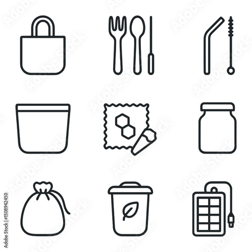 Eco-Friendly Icon Set. Outline icon set of eco-friendly essentials: reusable tote bag, bamboo cutlery set, metal straw, silicone
