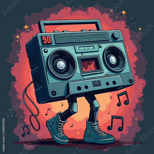 Cartoon boombox walking with legs and sneakers in colorful style  
