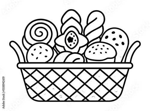 Assorted pastries illustration for coloring book design or bakery themes