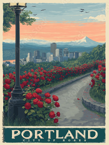 Portland City of Roses – Rose Garden & Skyline Vintage Poster