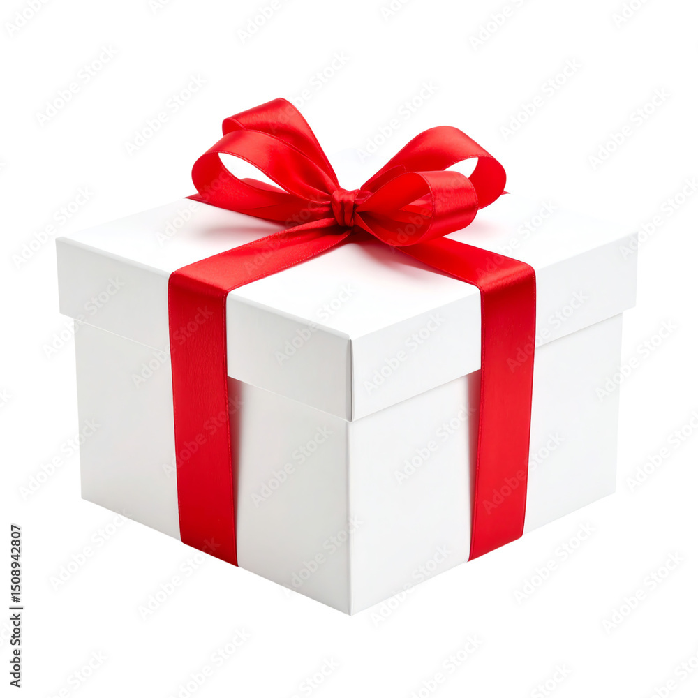Fototapeta premium A white gift box adorned with a red ribbon and bow, symbolizing celebration and special occasions