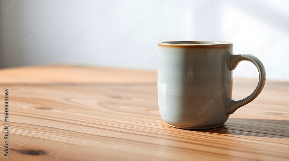 Serene Morning A Light Grey Ceramic Mug on Wooden Table Serene Morning A Light Grey Ceramic Mug on Wooden Table