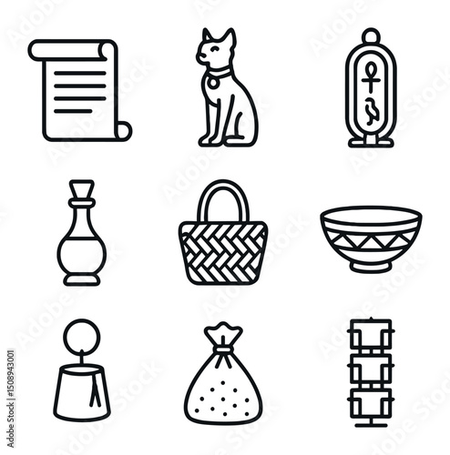 Egyptian Souvenir Icons. Outline icon set of market souvenirs: papyrus scroll, statuette of Bastet, cartouche pendant, perfume