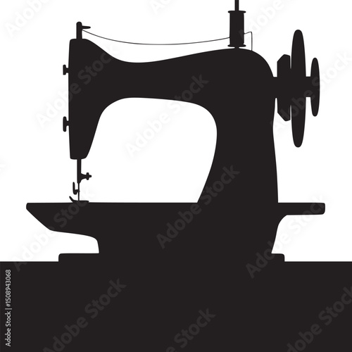 A monochrome silhouette of a vintage sewing machine against a plain white background image vector