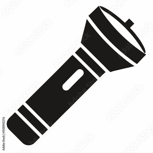 A black silhouette of a flashlight is angled upward on a white background with red and grey dots near the bottom.