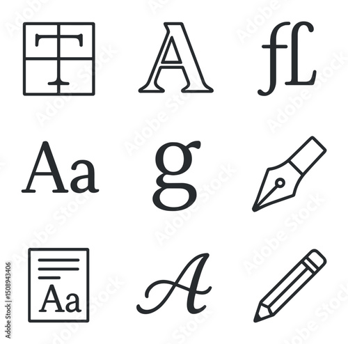 Custom Typeface Icons. Outline icon set of custom type design: letterform grid, serif capital letter