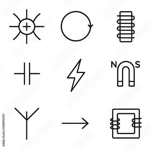 Electromagnetism Icon Set. Outline icon set of electromagnetism: electric field lines, magnetic field loop, coil inductor,
