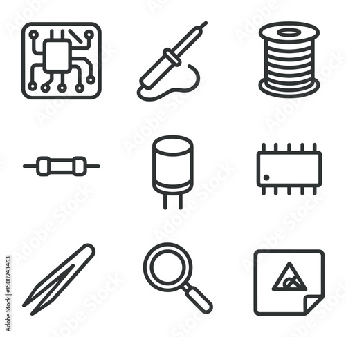 Electronics Assembly Icons. Outline icon set of electronics circuit assembly: PCB board, soldering iron, solder wire, resistor,
