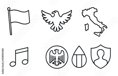 Icon set featuring flag, eagle, map of italy, music note, and shield symbols