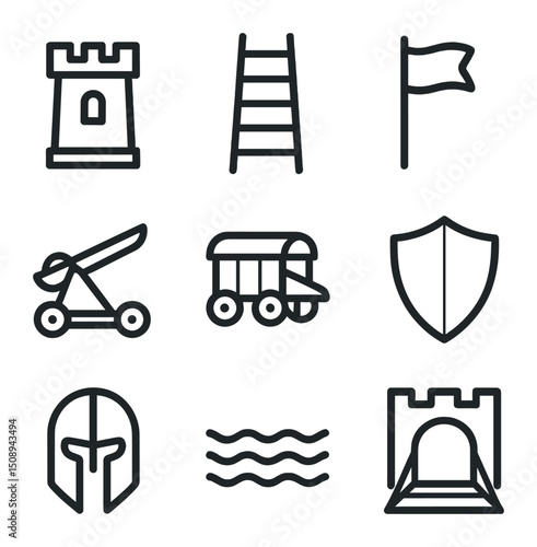Medieval Siege Icons. Outline icon set of fortress conquest flag plant: castle tower, siege ladder, raised flag, catapult,
