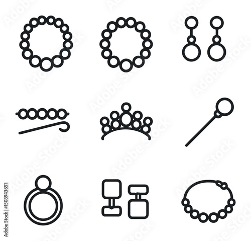 Elegant Pearl Jewelry Icons. Outline icon set of elegant pearl jewelry: necklace, bracelet, earrings, brooch, tiara, hairpin, ring