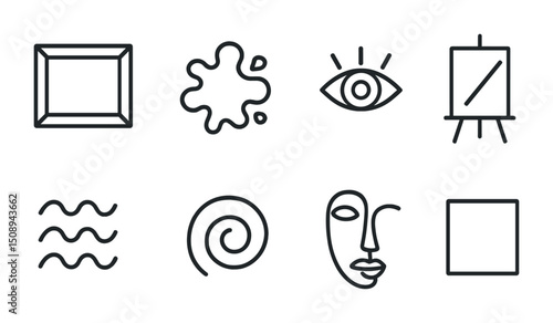 Minimalist art icons include frame, palette, eye, and easel illustrations