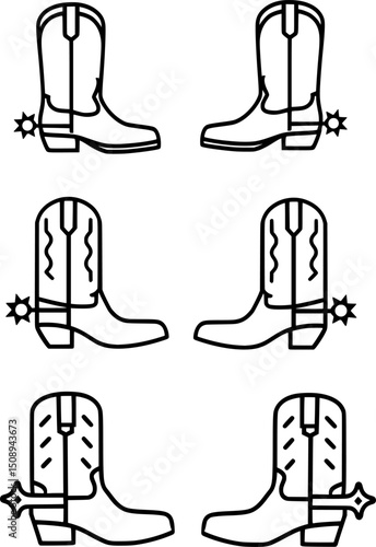 Minimalist Cowboy Boot with Spur Icon – Thick Black Outline Line Art, Simple Western Footwear Vector, Rustic Rodeo Style, Clean Line Drawing Illustration