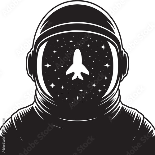 Illustration of an astronaut helmet filled with stars and a spaceship in a black and white design