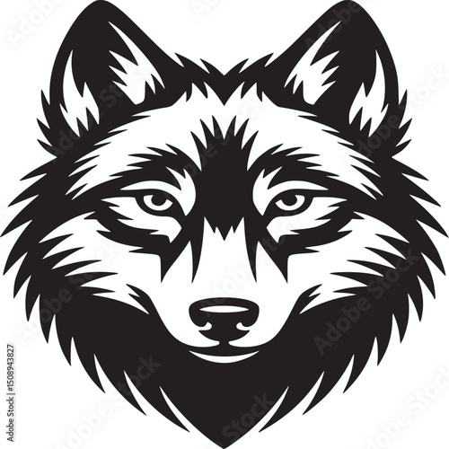A striking black and white illustration of a wolf's head with detailed fur and piercing eyes staring ahead