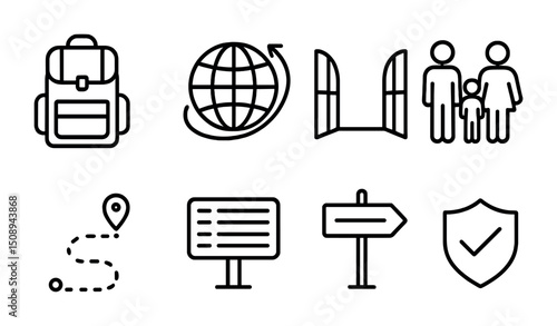 Travel and family adventure icons for journey and safety design