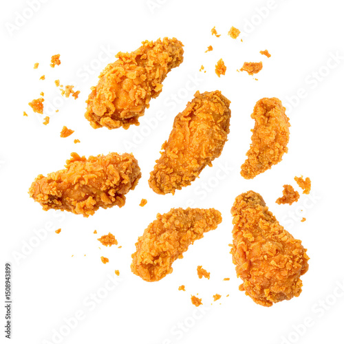Crispy fried chicken pieces with a golden-brown coating scattered artistically