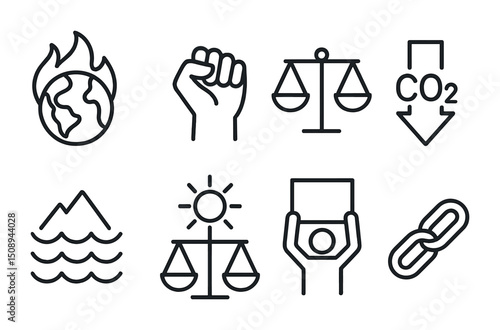 Climate change and environmental justice icons for awareness campaign designs