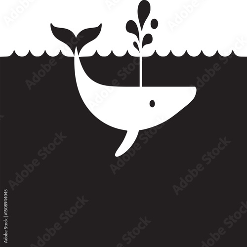 A simple black and white illustration of a whale spouting water in the ocean with wavy water line