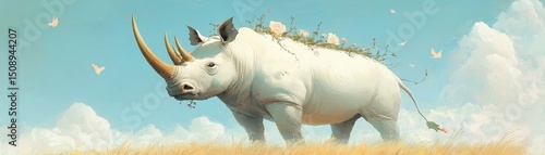 Majestic rhinoceros in vibrant landscape nature scene surreal art bright sky whimsical concept