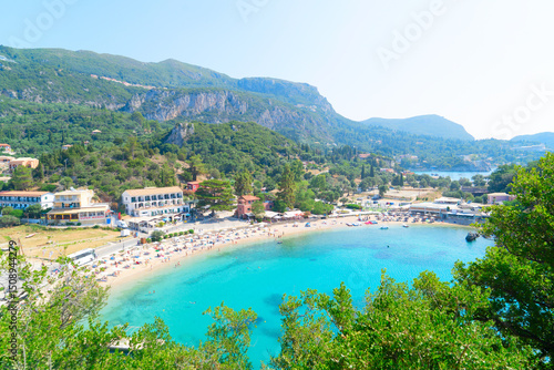 Fototapeta Naklejka Na Ścianę i Meble -  Paleokastritsa beach bay on Korfu, view from above, Greece