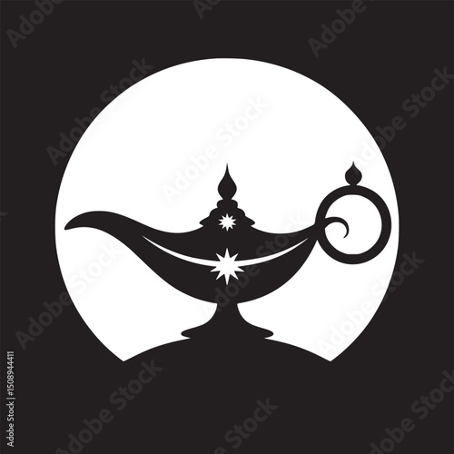 A black and white graphic illustration of a genie lamp in front of a white circle on a black background