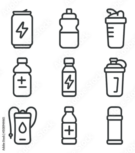 Energy Drink Icons. Outline icon set of energy drinks & sports drinks: energy drink can, sports bottle, protein shake, electrolyte