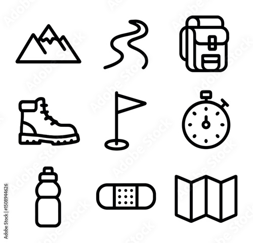 Entrepreneurial Journey Icons. Outline icon set of entrepreneurial perseverance journey: mountain peak, winding road, backpack,