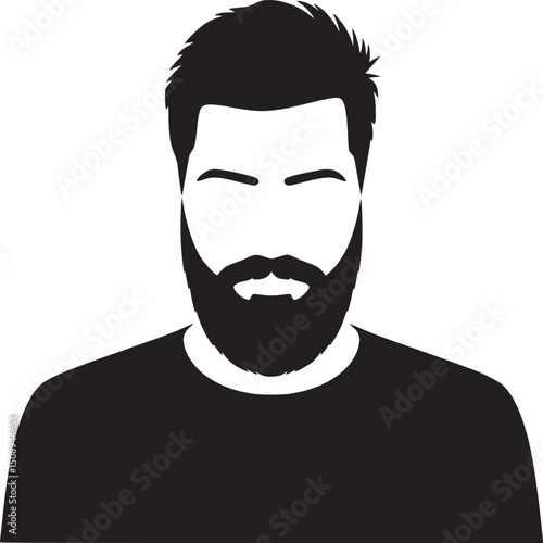 A black and white graphic of a man with a beard and dark hair on a white background in a vector style