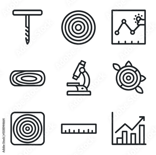 Dendrochronology Icon Set. Outline icon set of dendrochronology: increment borer, tree ring timeline