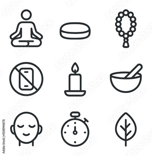 Mindfulness Icon Set. Outline icon set of mindfulness meditation courses: lotus pose, meditation cushion, chanting beads, no phone