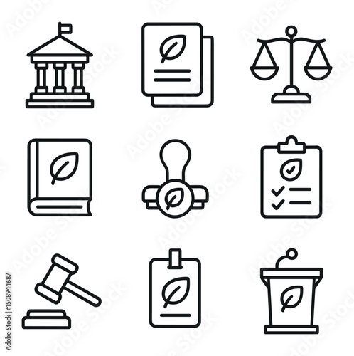 Environmental Policy Icons. Outline icon set of environmental policy and regulation: government building, law document, scales of