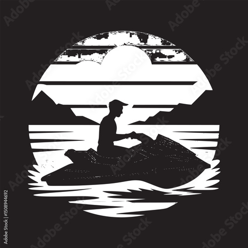 Silhouette of a man riding a jet ski on a lake with mountains and sunset in the background design