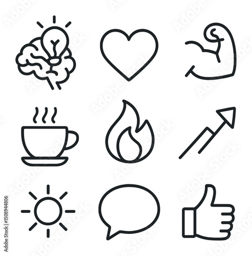 Mindset Motivation Icons. Outline icon set of mindset and motivation: brain with lightbulb, heart, muscle arm, coffee cup, flame,
