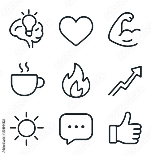 Mindset Motivation Icons. Outline icon set of mindset and motivation: brain with lightbulb, heart, muscle arm, coffee cup, flame,