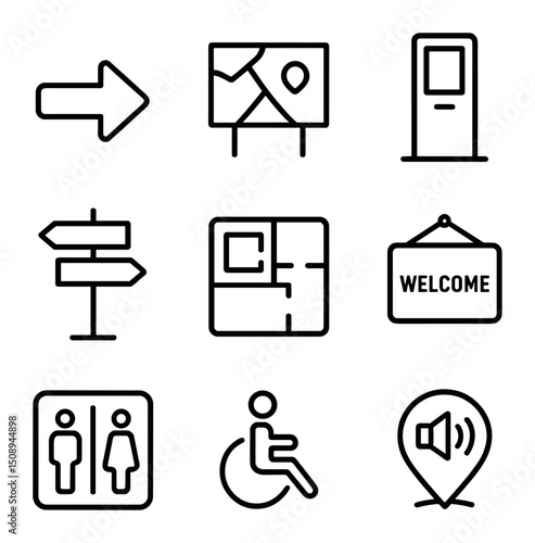 Event Signage Icons. Outline icon set of event signage and directions: directional arrow, map board, info kiosk, signpost, floor