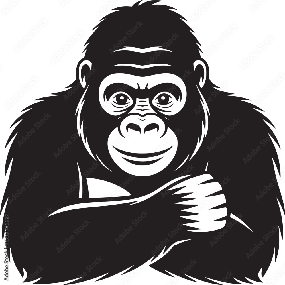 Fototapeta premium A stylized black and white illustration of a gorilla with its arms crossed on a plain background