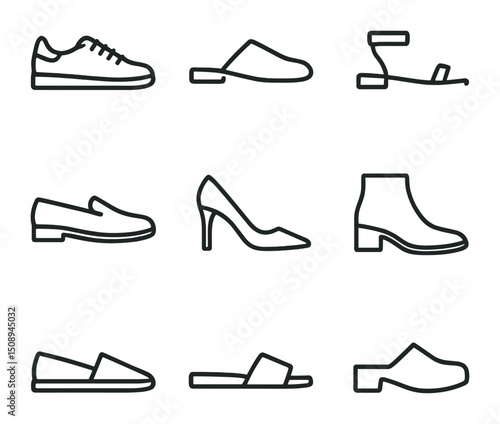 Minimalist Footwear Icons. Outline icon set of minimalist footwear: white leather sneaker, black mule, nude sandal, slip-on loafer