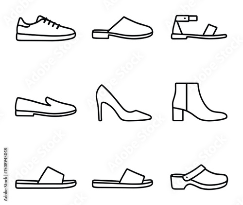 Minimalist Footwear Icons. Outline icon set of minimalist footwear: white leather sneaker, black mule, nude sandal, slip-on loafer