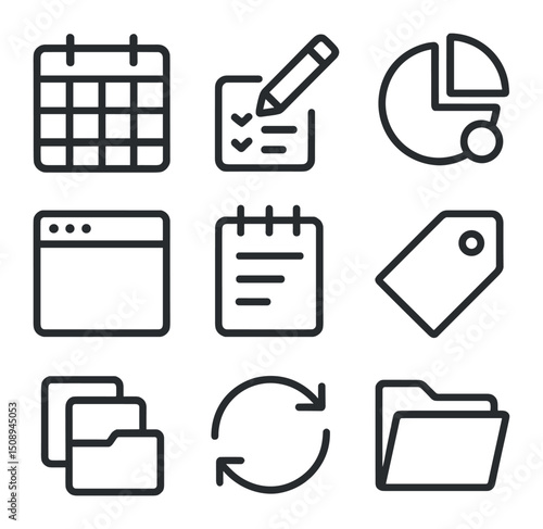 Digital Planning Icon Set. Outline icon set of productivity dashboard tools: kanban board, checklist