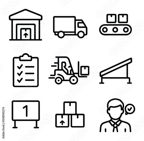 Distribution Center Icons. Outline icon set of distribution center operations: loading bay, dispatch