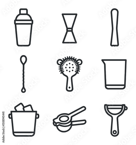 Mixing Tools Icons. Outline icon set of mixing tools: cocktail shaker, jigger, muddler, bar spoon, strainer, mixing glass, ice