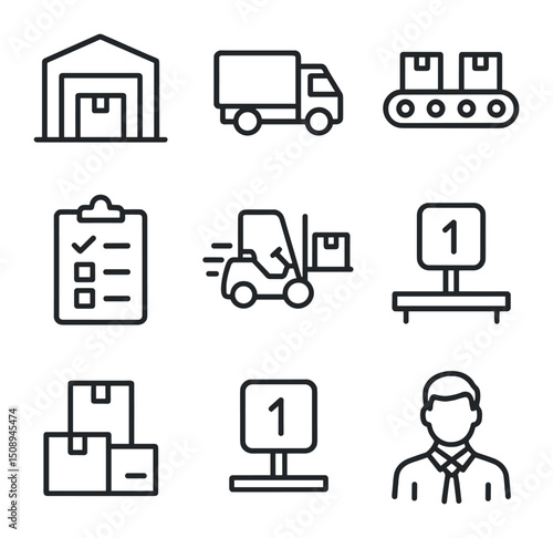 Distribution Center Icons. Outline icon set of distribution center operations: loading bay, dispatch