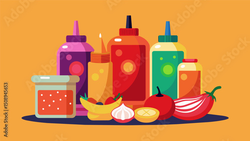 A colorful array of condiments including hot sauce and pickled onions are available for customers to customize and enhance their mofongo.. Vector illustration