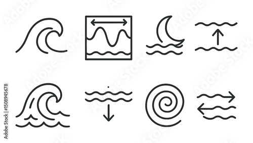 Minimalist wave icons and tide symbols for nautical designs