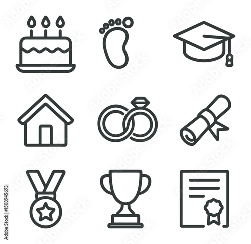 Family Milestones Icons. Outline icon set of family milestones: birthday cake, baby footprint, school cap, house icon, wedding