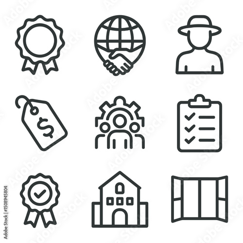 Fair Trade Certification Icons. Outline icon set of fair trade certification standards: certification badge, handshake globe,